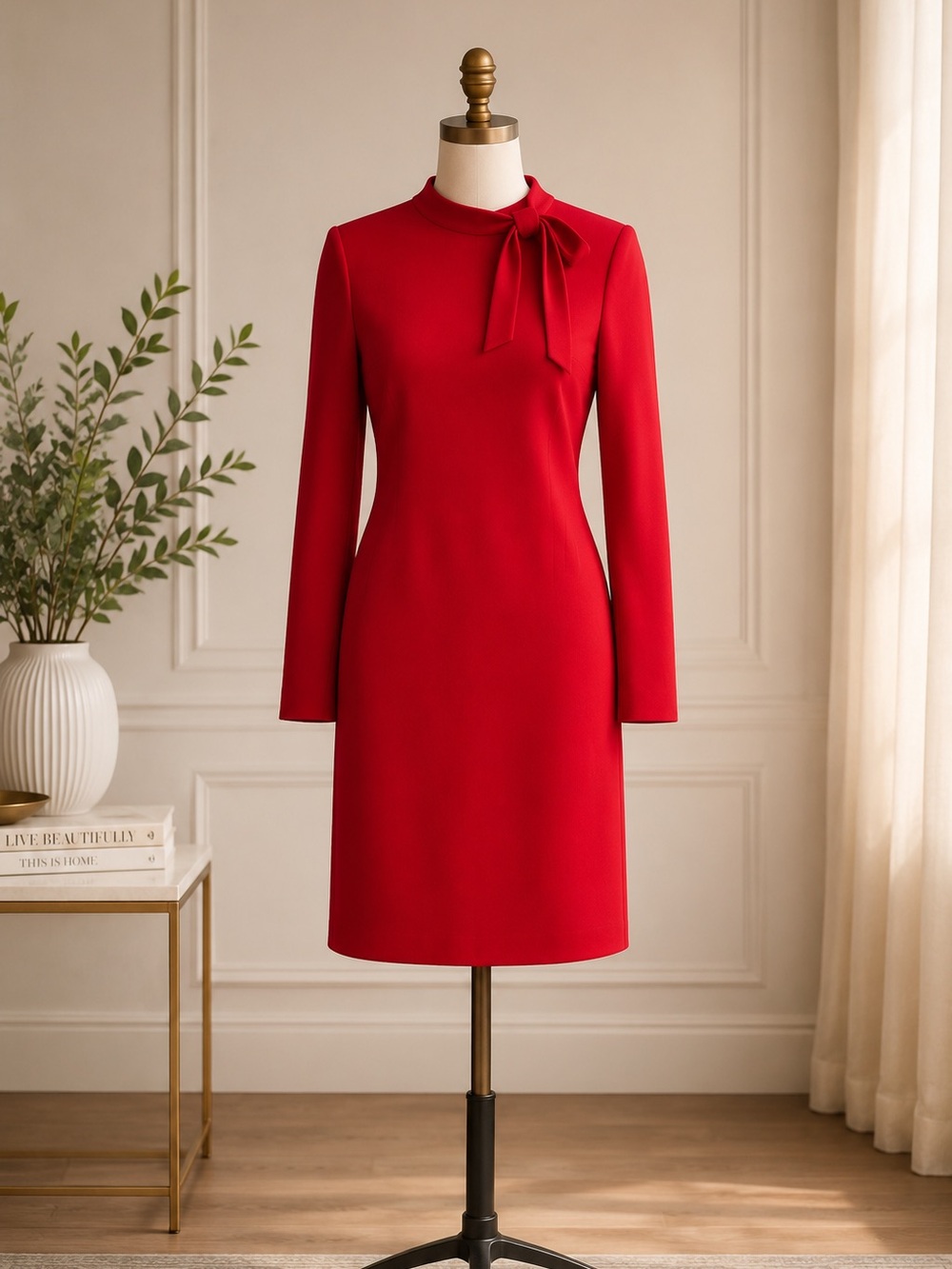 Calvin Klein Red Bow Neck Sheath Dress Long Sleeve Knee Length Career Size 8 NWT
